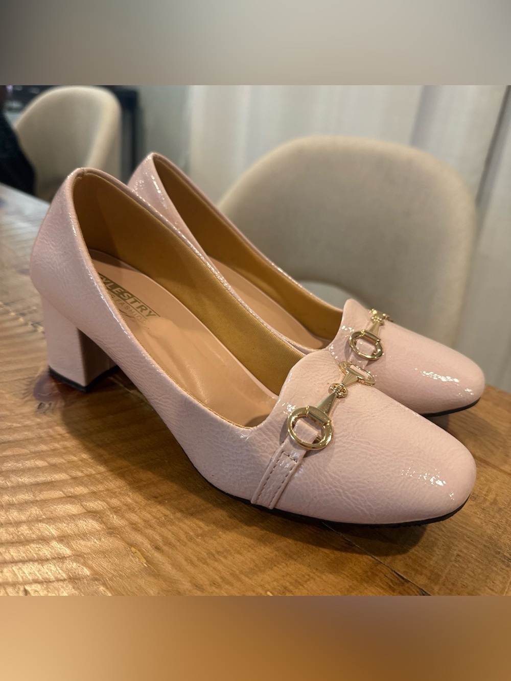 Classic Pink Patent Block Kitten Heel Pumps with Gold Accent